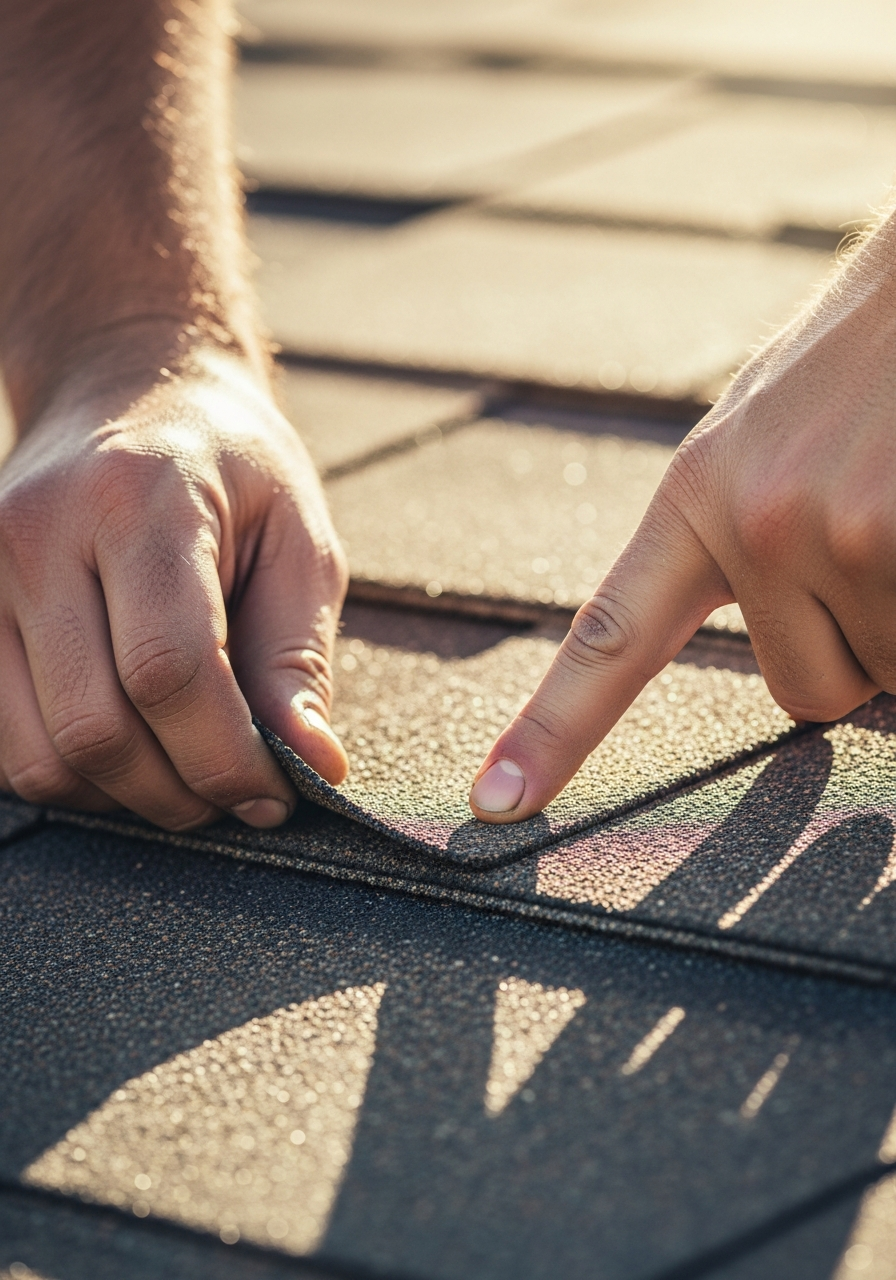 Professional roofing contractor inspecting shingles